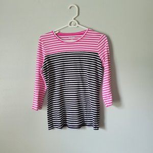 Kim Rogers Striped Knit Blouse Women's Medium Pink Black White 3/4 Sleeve Top